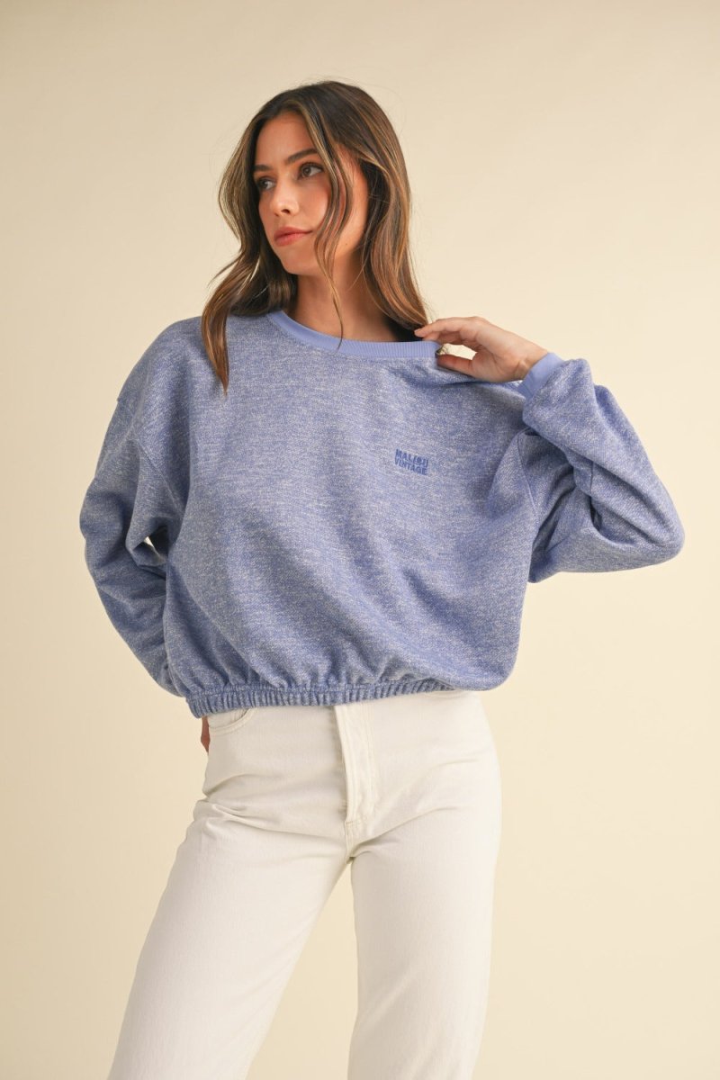 Mable Round Neck Letter Embroidery Crop Sweatshirt - S. M. & Co.