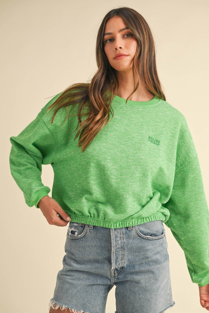 Mable Round Neck Letter Embroidery Crop Sweatshirt - S. M. & Co.