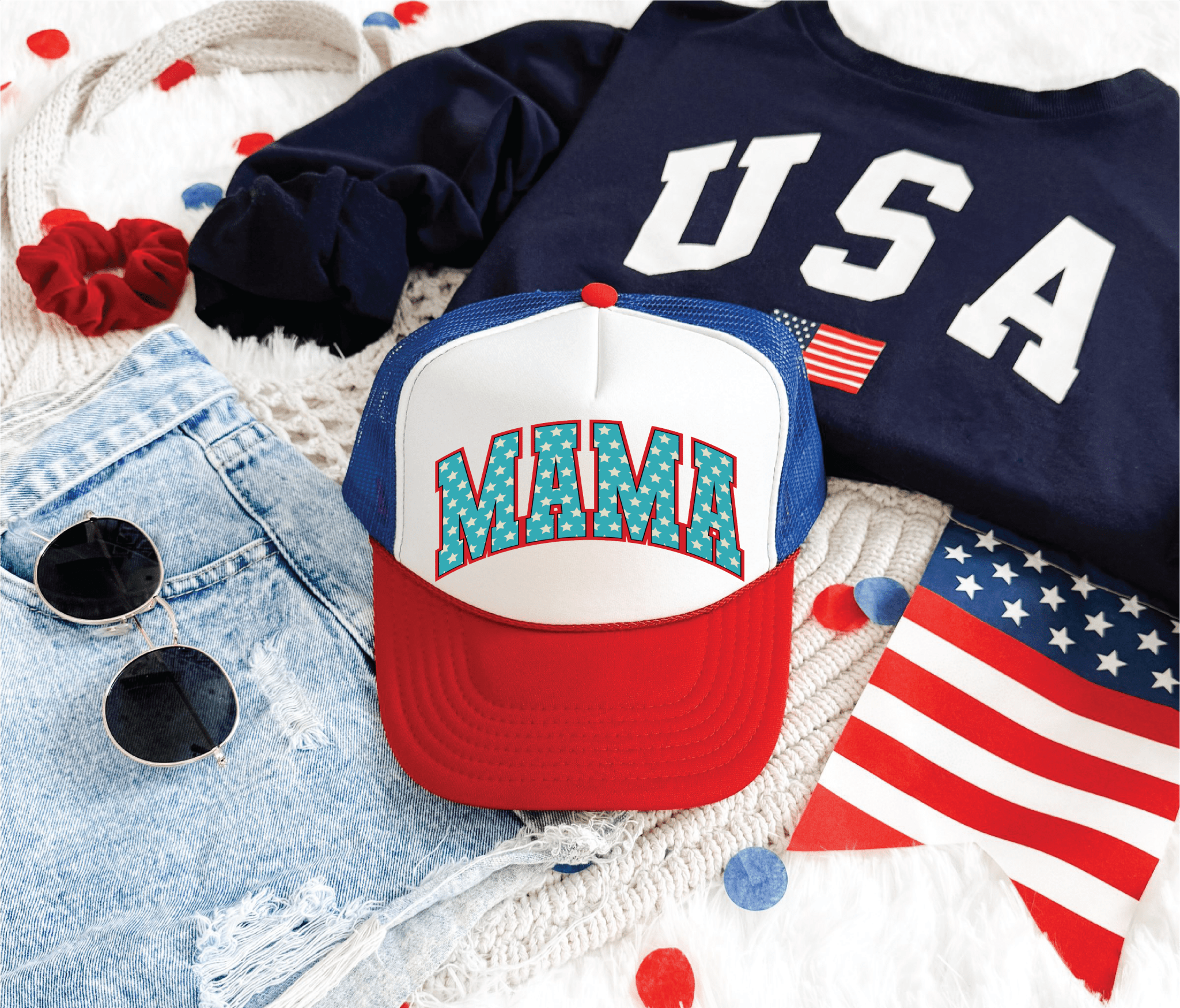 Mama USA Stars DTF Printed Red White And Blue Trucker Hat - S. M. & Co.