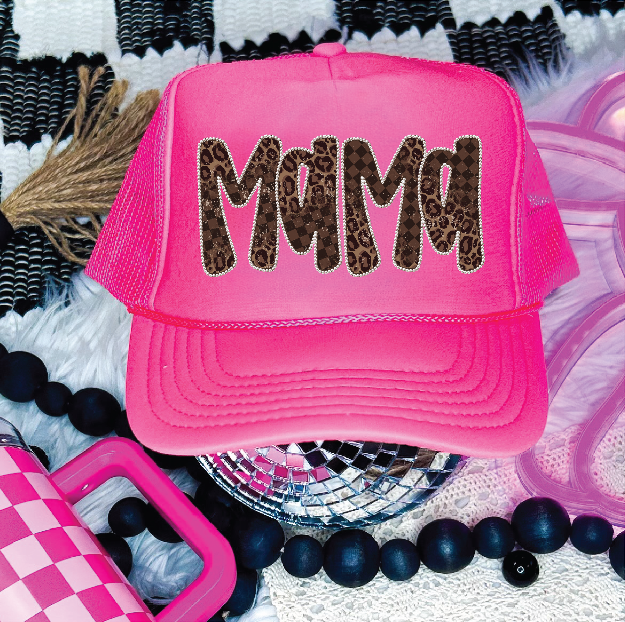 Mama Checkered Leopard-  DTF Printed Neon Pink Trucker Hat