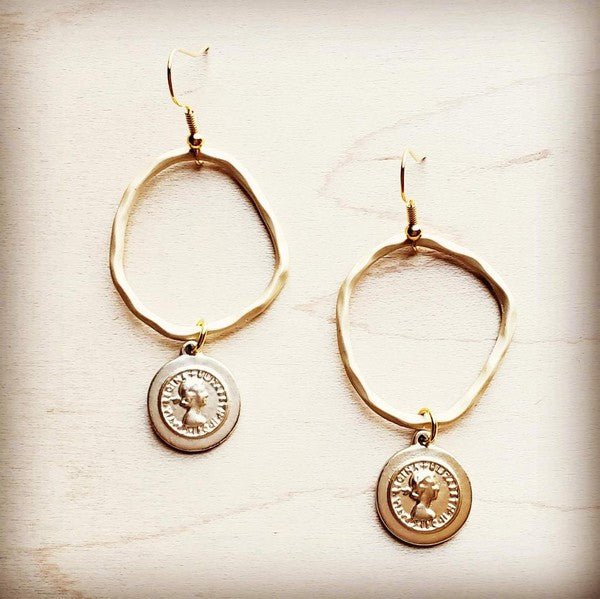 Matte Gold Hoop Earrings with Coin Dangle - S. M. & Co.