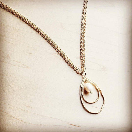 Matte Gold Necklace w/ Double Hoop Pearl Pendant - S. M. & Co.