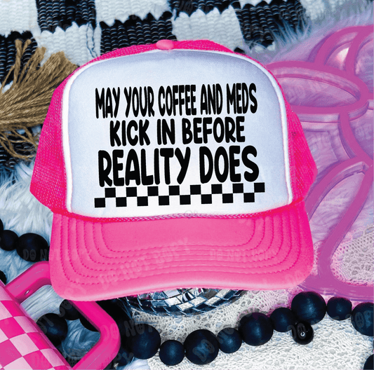 May Your Coffee DTF Printed Neon Pink & White Trucker Hat - S. M. & Co.