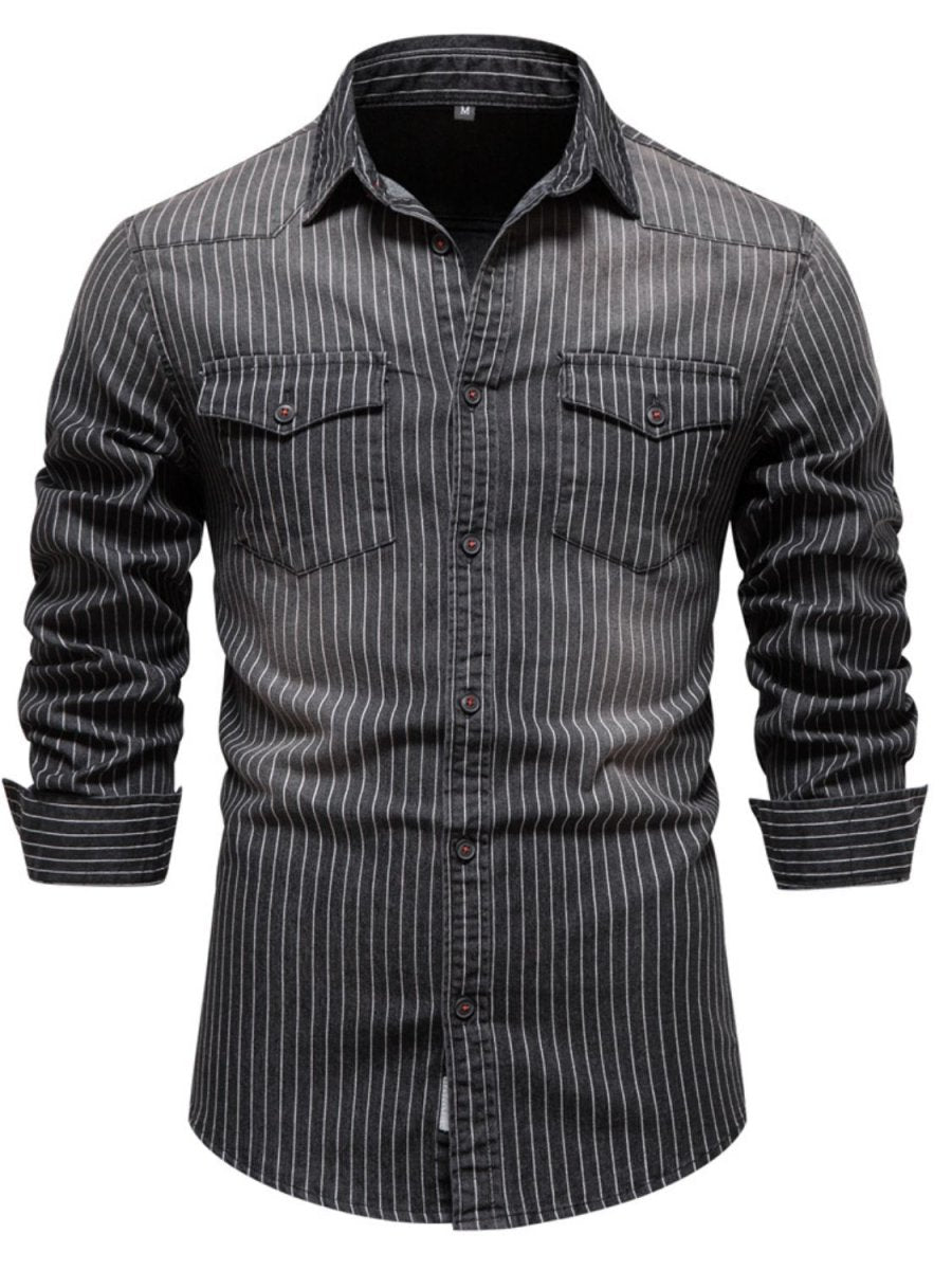 Men's Striped Collared Neck Button Down Denim Shirt - S. M. & Co.