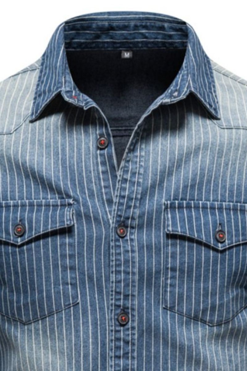 Men's Striped Collared Neck Button Down Denim Shirt - S. M. & Co.