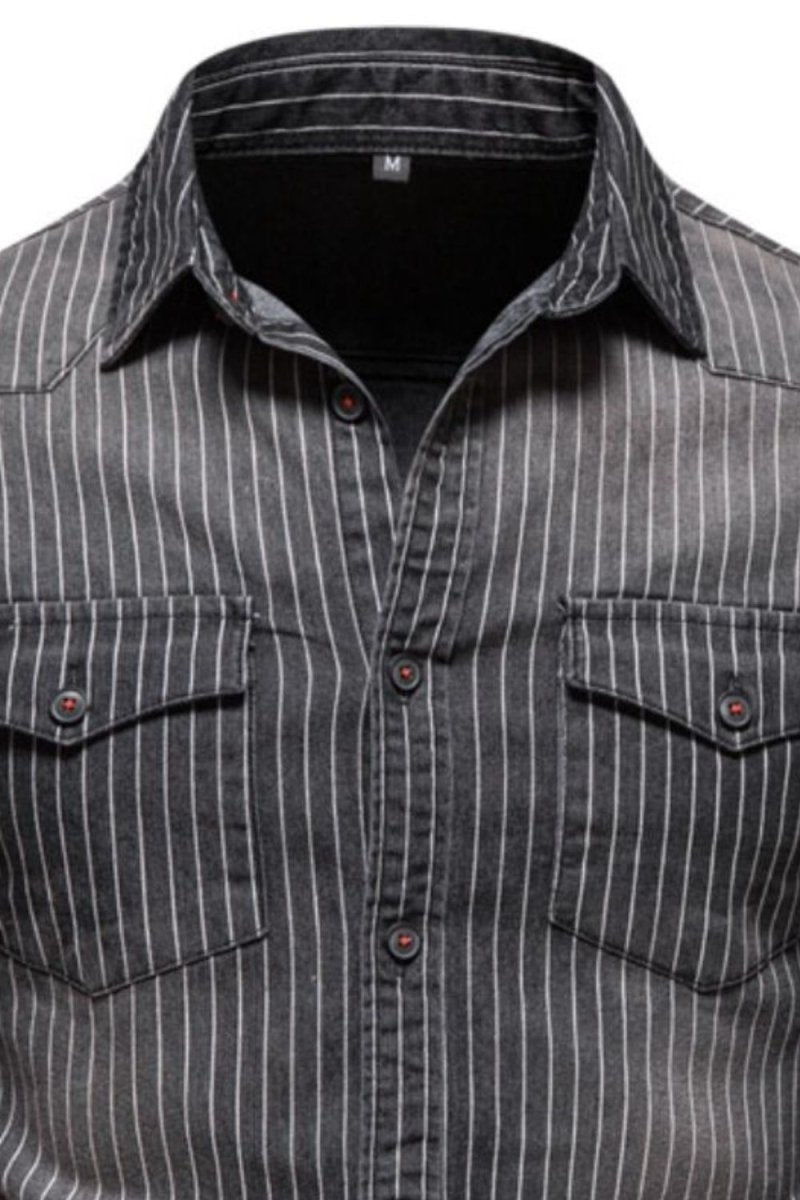 Men's Striped Collared Neck Button Down Denim Shirt - S. M. & Co.
