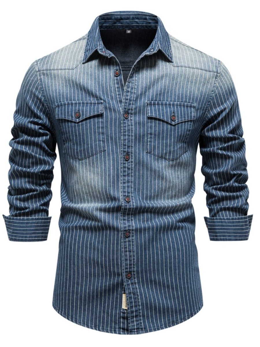 Men's Striped Collared Neck Button Down Denim Shirt - S. M. & Co.