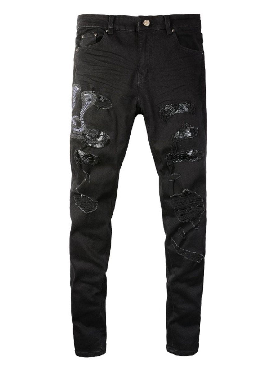 Men's Washed Snake Embroidered Slim Jeans - S. M. & Co.