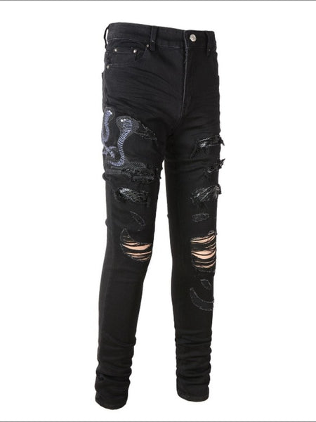 Men's Washed Snake Embroidered Slim Jeans - S. M. & Co.