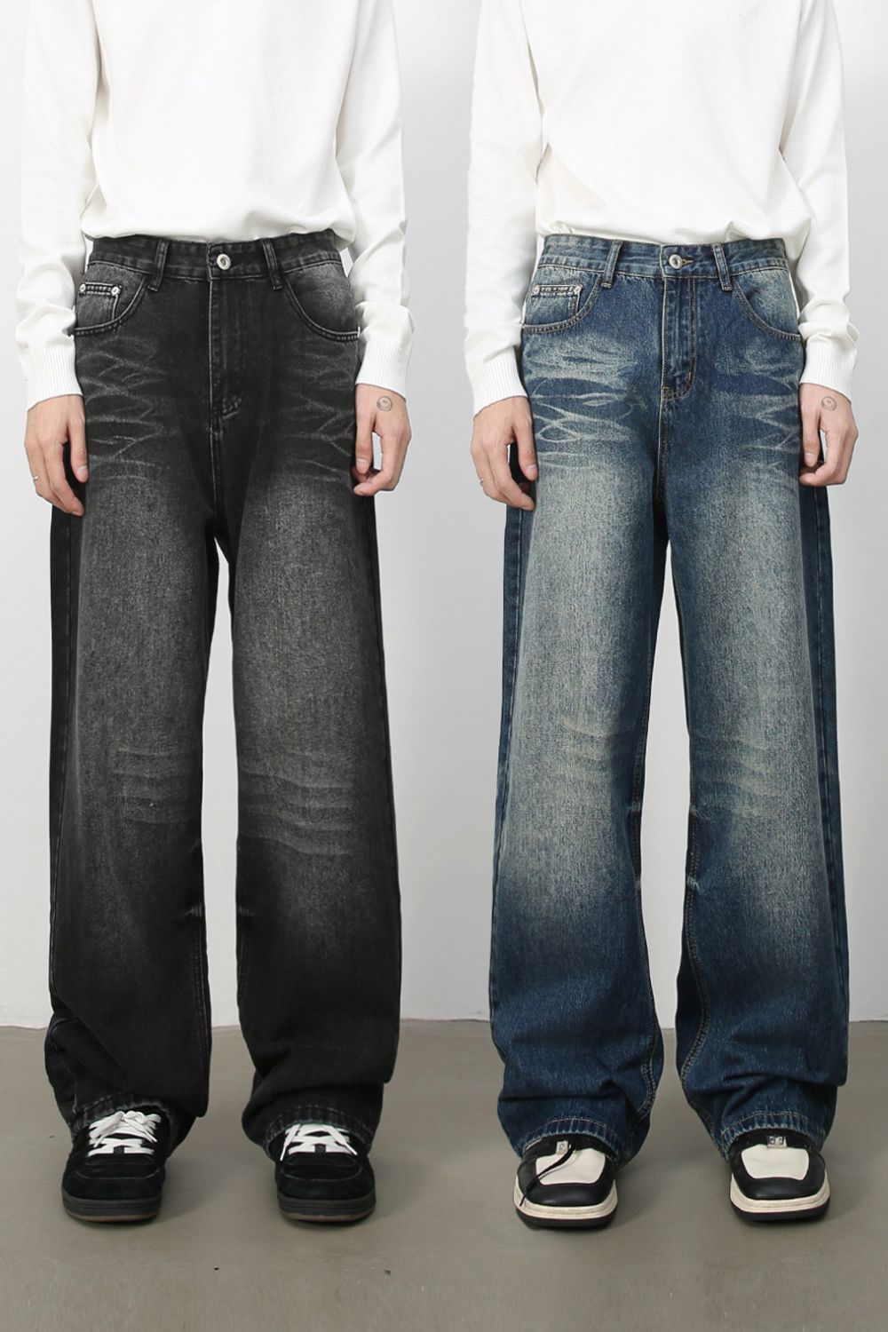 Men's Washed Wide Leg Jeans with Pockets - S. M. & Co.