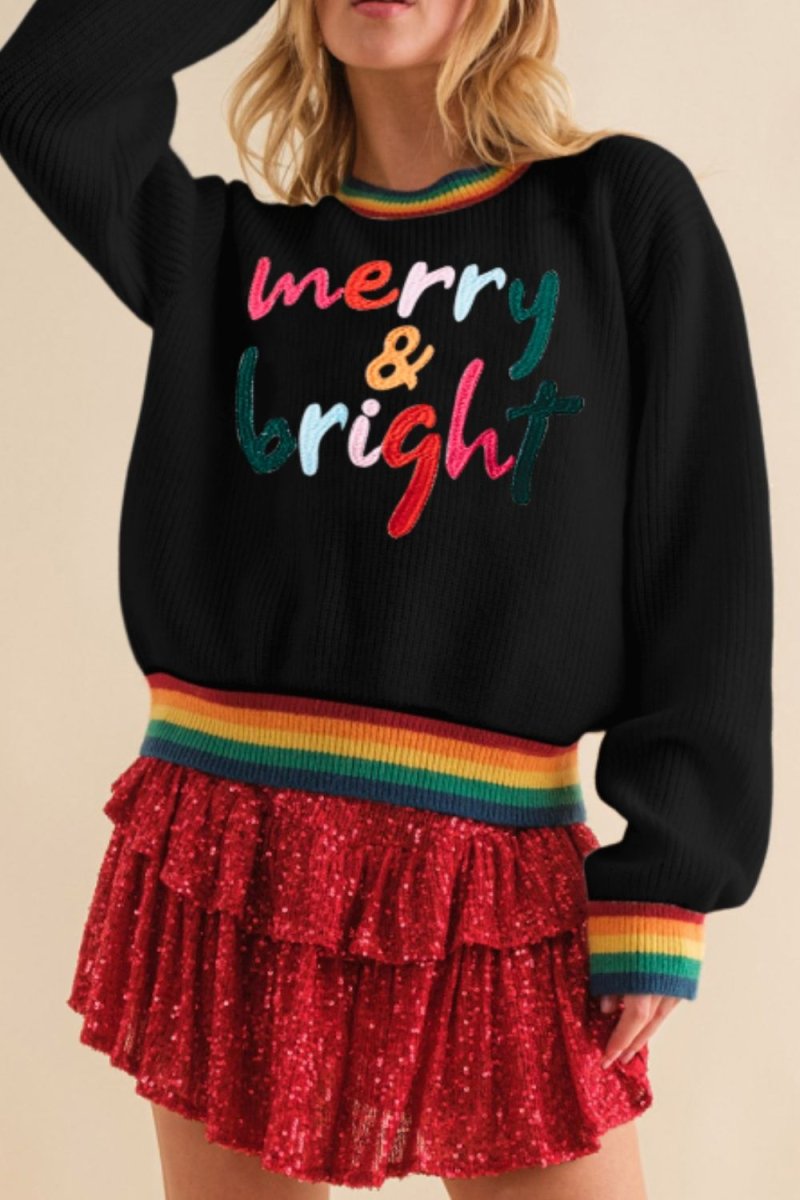 MERRY & BRIGHT Ribbed Round Neck Sweater - S. M. & Co.