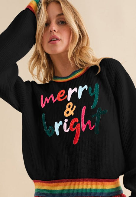 MERRY & BRIGHT Ribbed Round Neck Sweater - S. M. & Co.