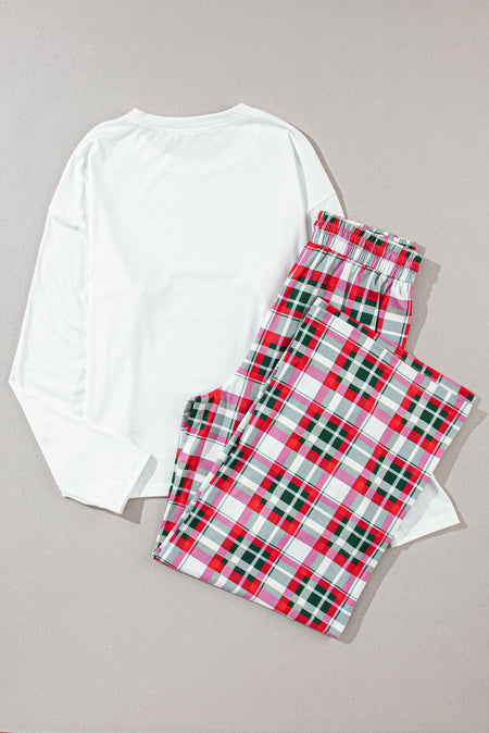 MERRY CHRISTMAS Round Neck Top and Plaid Pants Set - S. M. & Co.