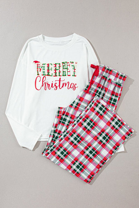 MERRY CHRISTMAS Round Neck Top and Plaid Pants Set - S. M. & Co.