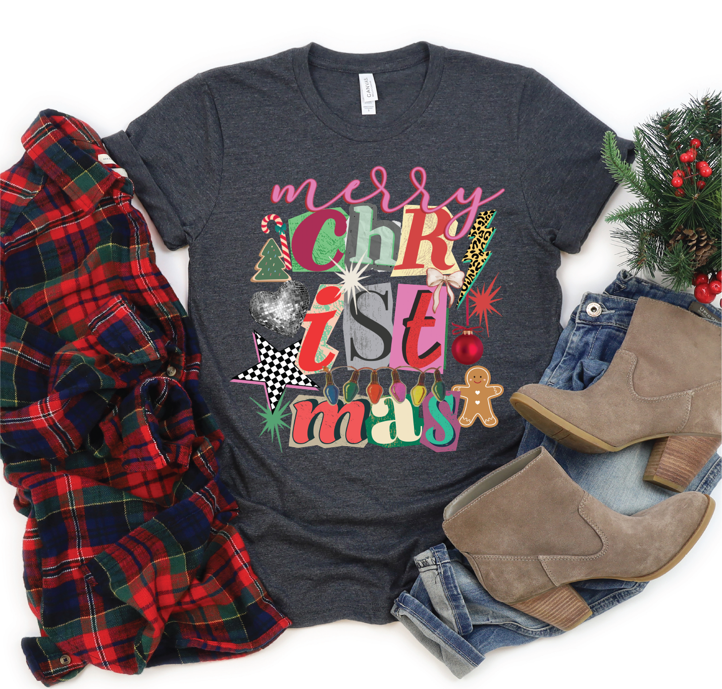 Merry Christmas DTG on Dark Heather Grey