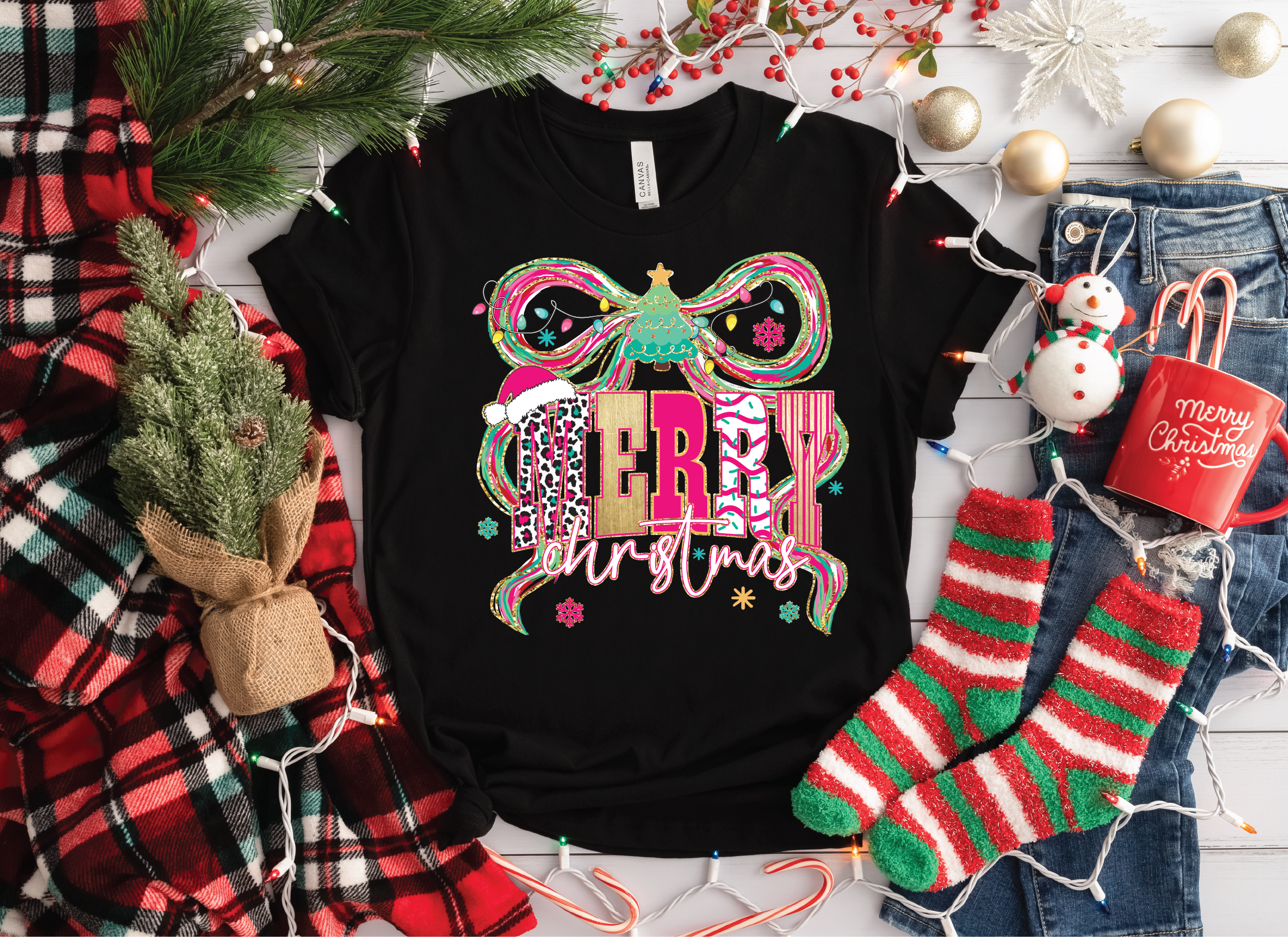 Merry Christmas Doodle Bow- Graphic T-Shirt