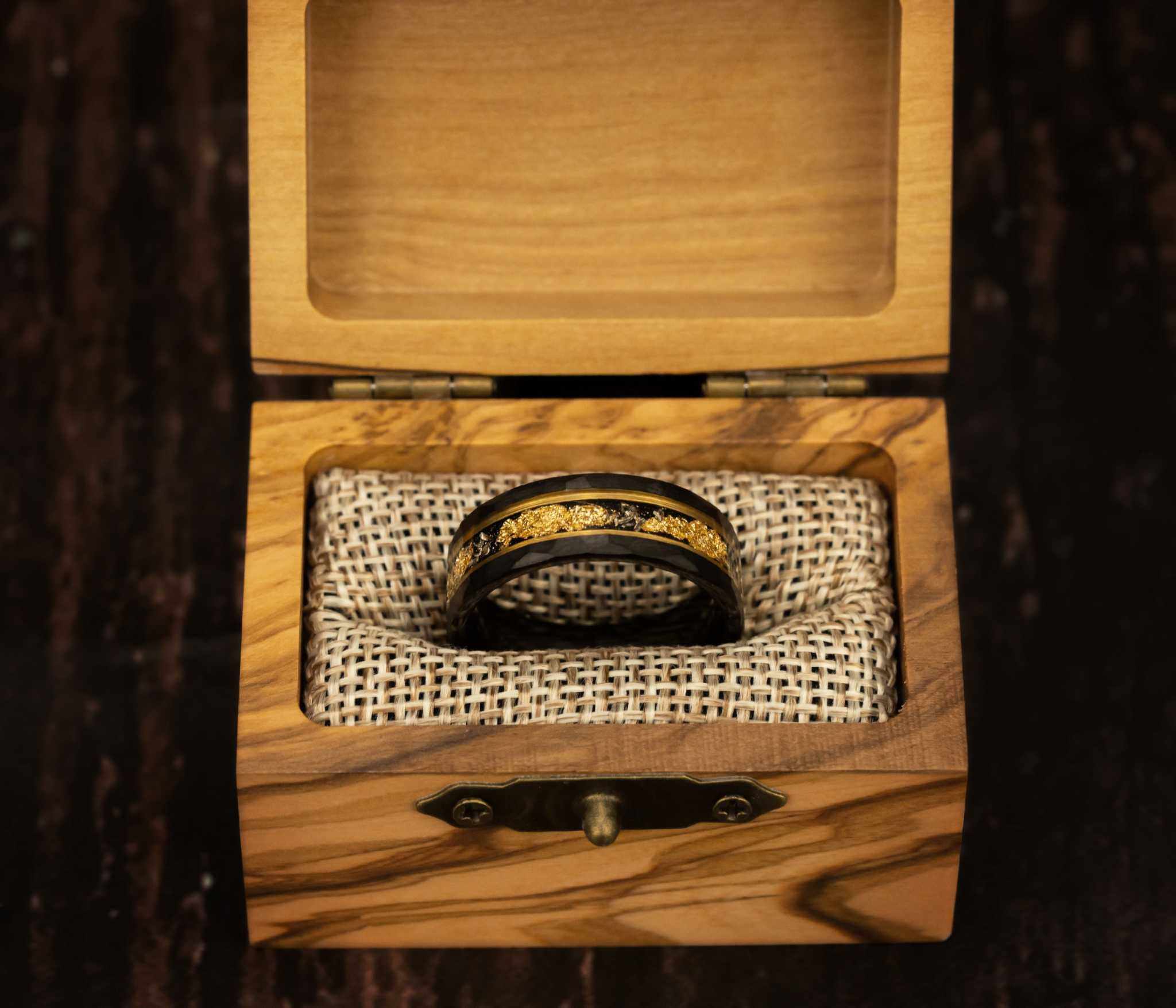 Meteorite x 22K Gold Leaf Hammered Black Tungten Carbide Ring