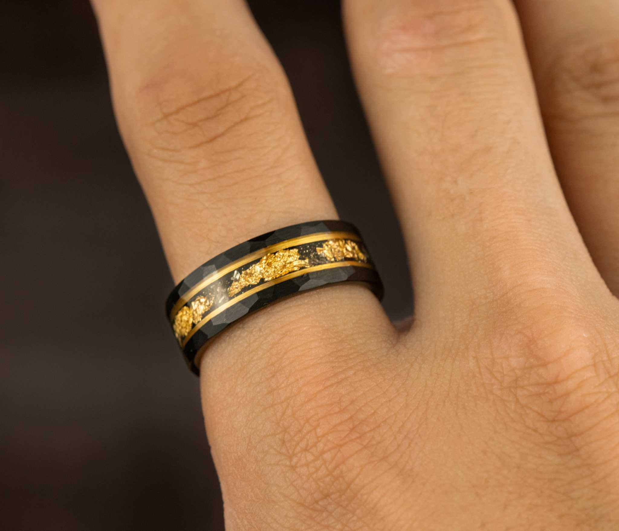 Meteorite x 22K Gold Leaf Hammered Black Tungten Carbide Ring