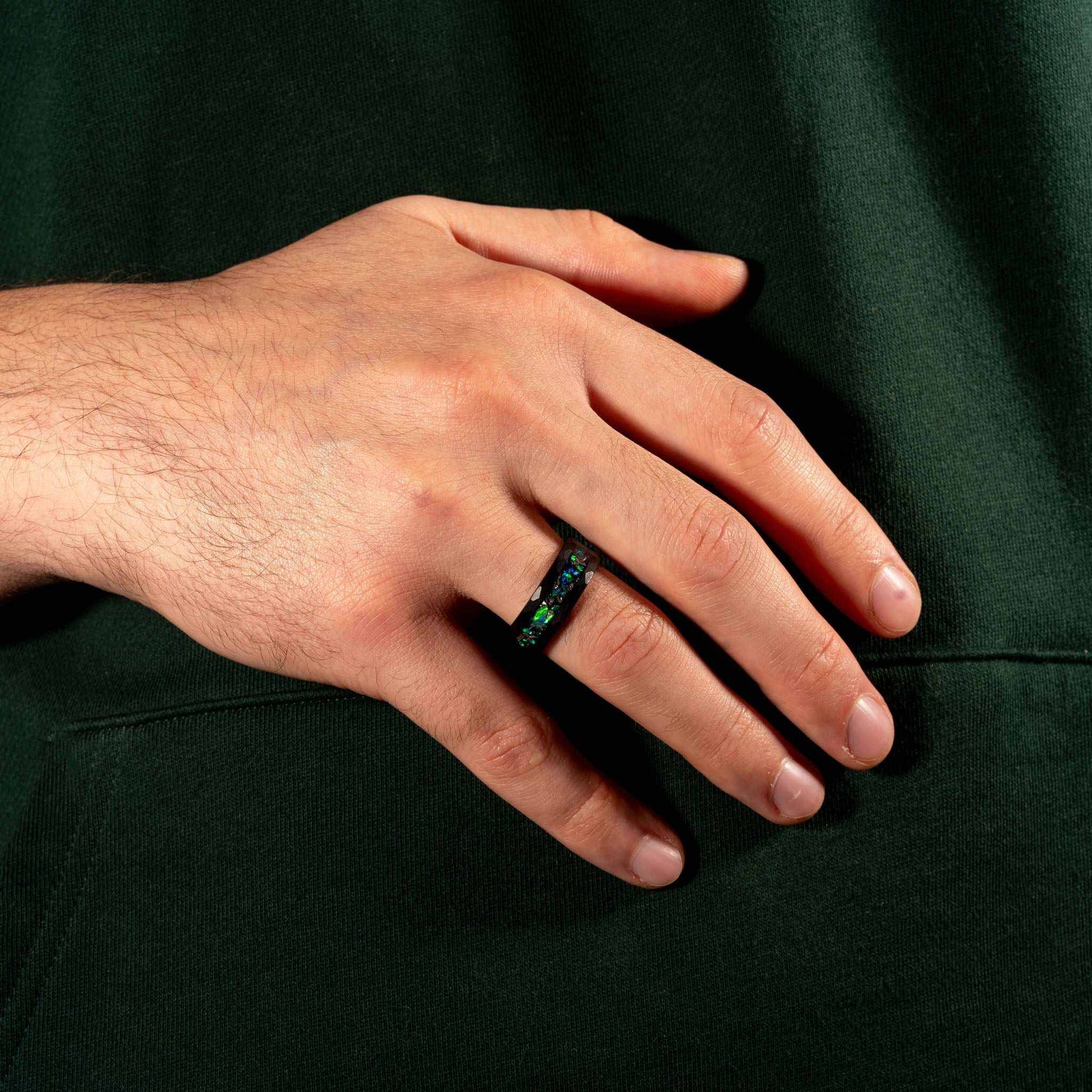 Meteorite x Green Opal Tungsten Carbide Ring
