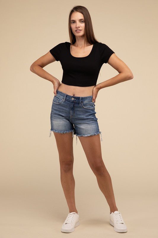 Mid Rise Raw Frayed Hem Denim Shorts - S. M. & Co.