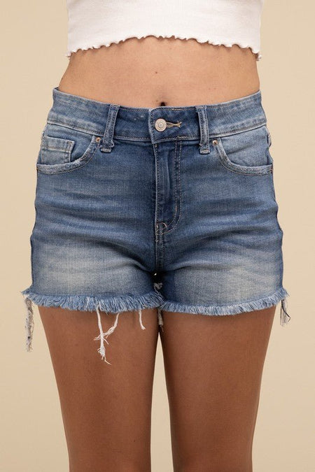 Mid Rise Raw Frayed Hem Denim Shorts - S. M. & Co.