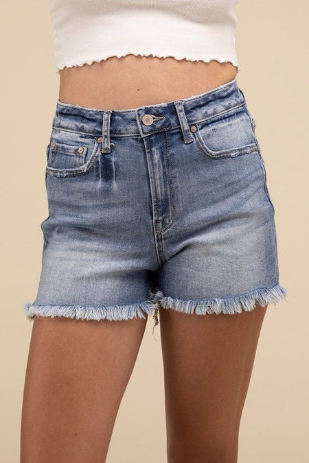 Mid Rise Raw Frayed Hem Denim Shorts - S. M. & Co.