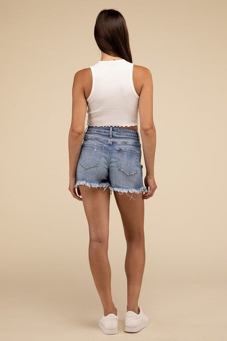 Mid Rise Raw Frayed Hem Denim Shorts - S. M. & Co.