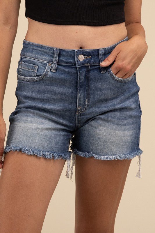 Mid Rise Raw Frayed Hem Denim Shorts - S. M. & Co.