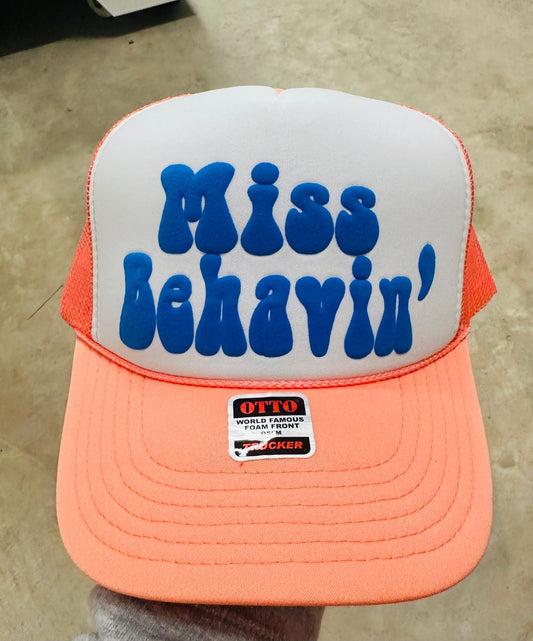 Miss Behavin' DTF Printed Coral and White Trucker Hat - S. M. & Co.