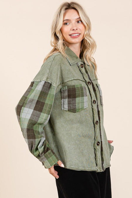 Mittoshop Button Down Contrast Plaid Patchwork Shacket - S. M. & Co.