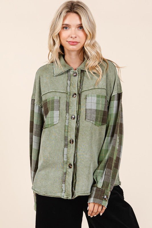 Mittoshop Button Down Contrast Plaid Patchwork Shacket - S. M. & Co.