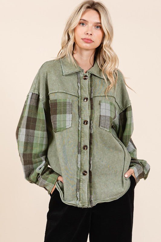 Mittoshop Button Down Contrast Plaid Patchwork Shacket - S. M. & Co.