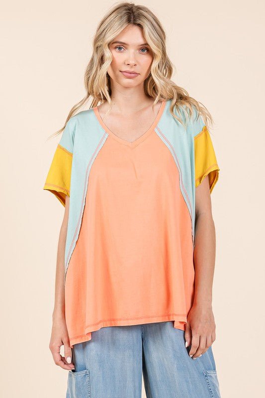 Mittoshop Color Block V - Neck Short Sleeve T-Shirt - S. M. & Co.