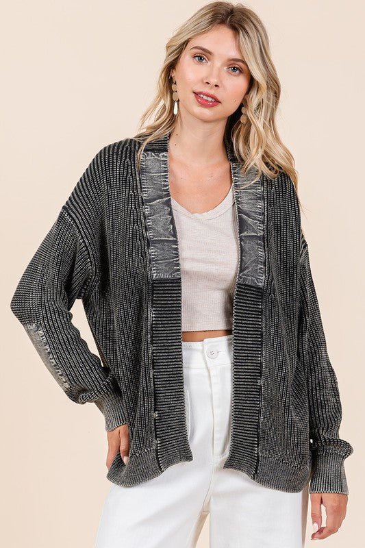 Mittoshop Contrast Patch Open Front Mineral Wash Cardigan - S. M. & Co.