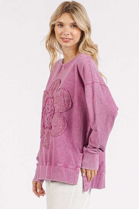 Mittoshop Flower Patch Side Slit Mineral Wash Round Neck Sweatshirt - S. M. & Co.