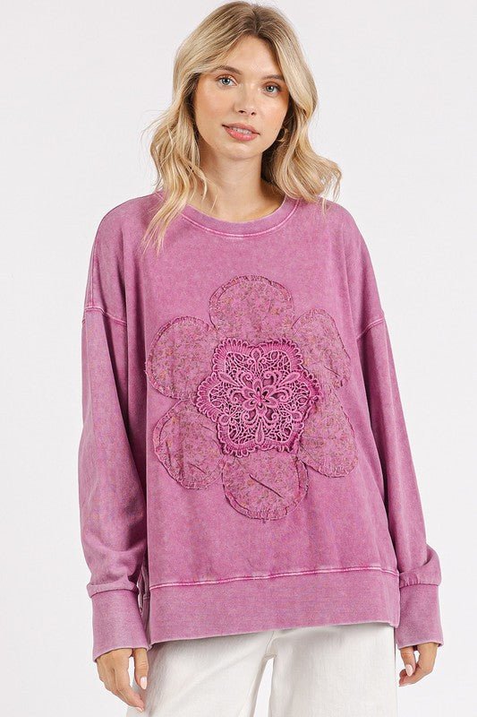 Mittoshop Flower Patch Side Slit Mineral Wash Round Neck Sweatshirt - S. M. & Co.