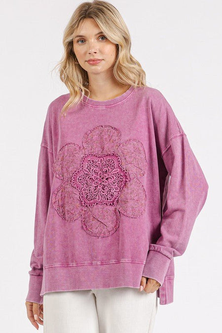 Mittoshop Flower Patch Side Slit Mineral Wash Round Neck Sweatshirt - S. M. & Co.