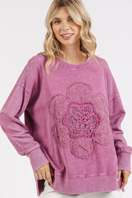 Mittoshop Flower Patch Side Slit Mineral Wash Round Neck Sweatshirt - S. M. & Co.