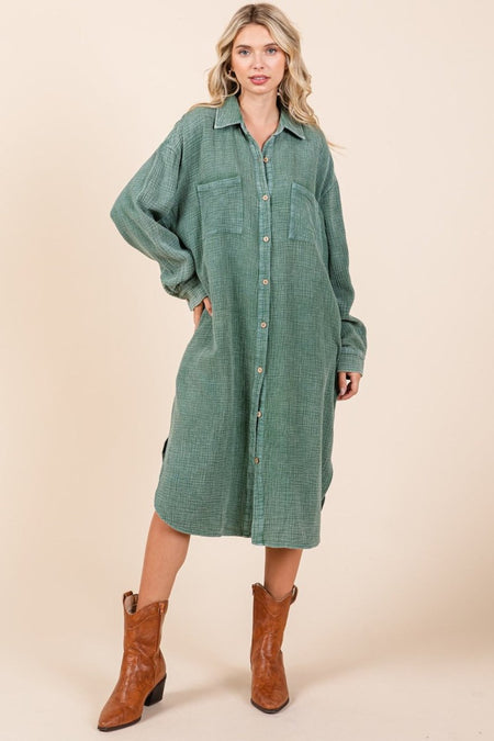 Mittoshop Mineral Wash Cotton Gauze Midi Shirt Dress - S. M. & Co.