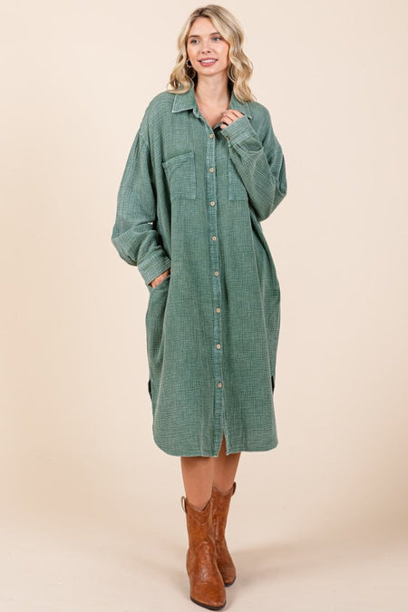 Mittoshop Mineral Wash Cotton Gauze Midi Shirt Dress - S. M. & Co.