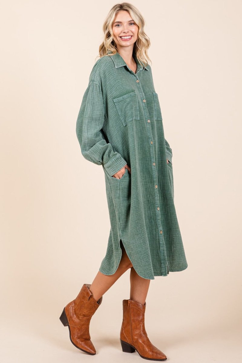 Mittoshop Mineral Wash Cotton Gauze Midi Shirt Dress - S. M. & Co.