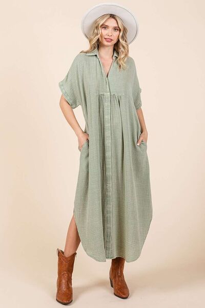 Mittoshop Mineral Wash V Neck Button Up Midi Shirt Dress - S. M. & Co.