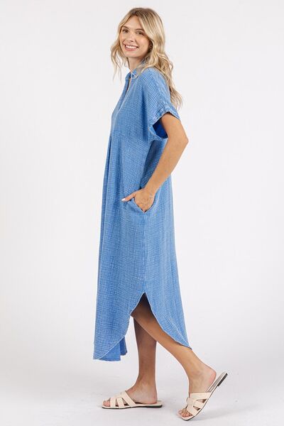 Mittoshop Mineral Wash V Neck Button Up Midi Shirt Dress - S. M. & Co.