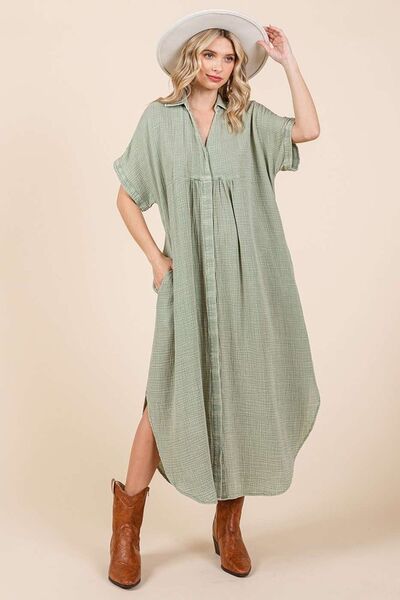 Mittoshop Mineral Wash V Neck Button Up Midi Shirt Dress - S. M. & Co.