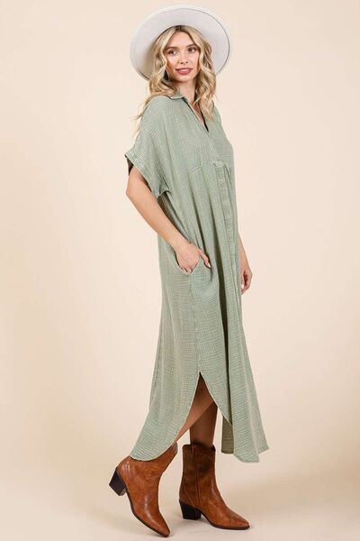 Mittoshop Mineral Wash V Neck Button Up Midi Shirt Dress - S. M. & Co.