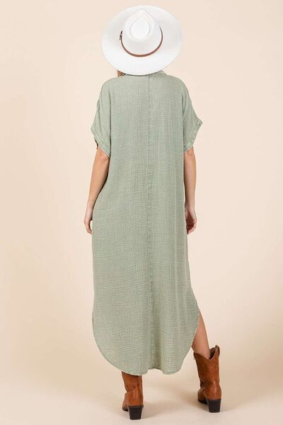 Mittoshop Mineral Wash V Neck Button Up Midi Shirt Dress - S. M. & Co.