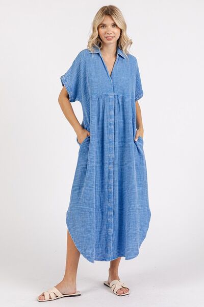 Mittoshop Mineral Wash V Neck Button Up Midi Shirt Dress - S. M. & Co.