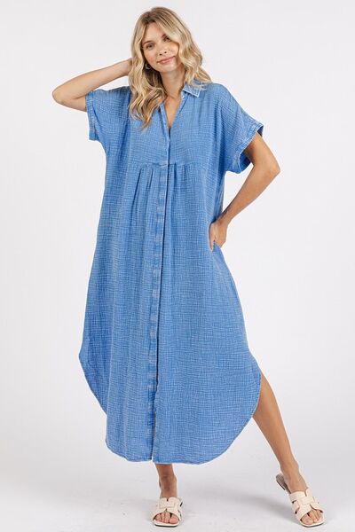 Mittoshop Mineral Wash V Neck Button Up Midi Shirt Dress - S. M. & Co.