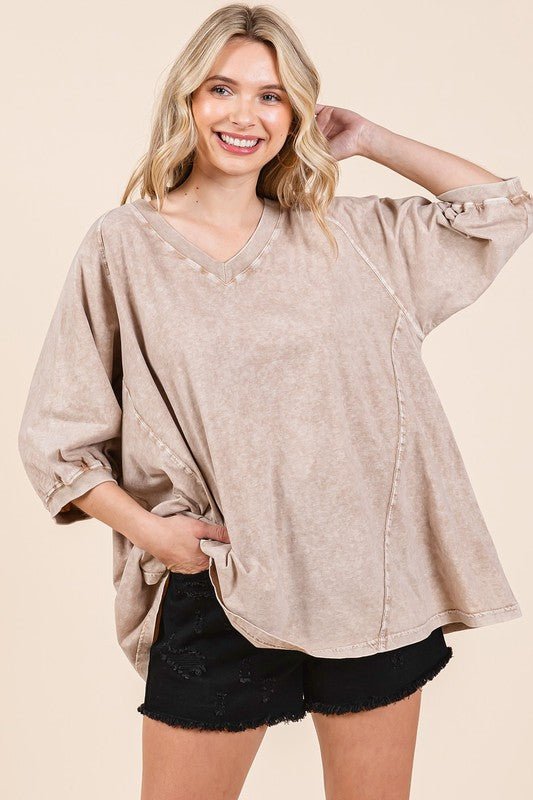 Mittoshop Mineral Wash V - Neck Raglan A - Line Relaxed Top - S. M. & Co.