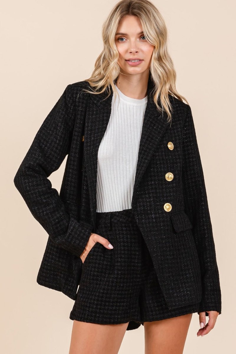 Mittoshop Plaid Texture Double - Breasted Long Sleeve Blazer - S. M. & Co.